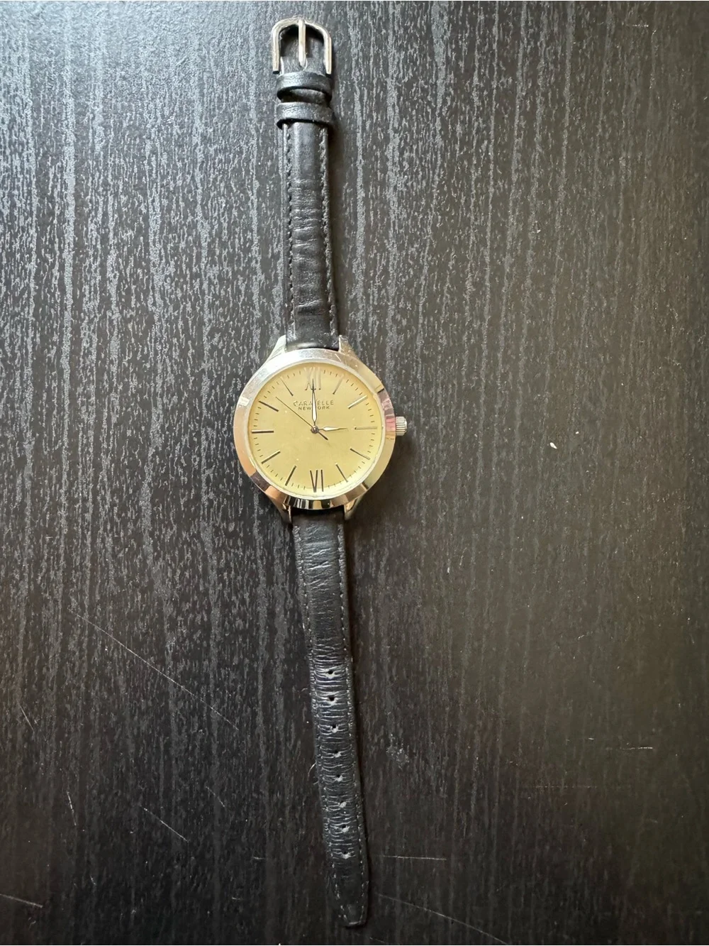 CARAVELLE New York Women's Gold Dial Black Leather Strap Watch